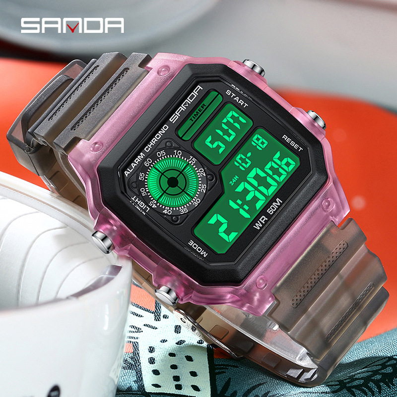 Chronograph Sport Watch - นาฬิกาแฟชั่น Sanda แบรนด์ชั้นนำ ระบบดิจิตอล LED พร้อมฟังก์ชันจับเวลา
