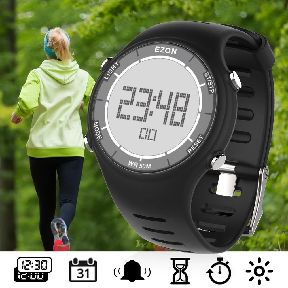 Chronograph Sport Watch - EZON ใหม่แฟชั่นผู้หญิงนาฬิกาสปอร์ตดิจิตอลสําหรับวิ่งกลางแจ้งพร้อมนาฬิกาปลุกนาฬิกาจับเวลานับถอยหลังกันน้ํา 50 M L008