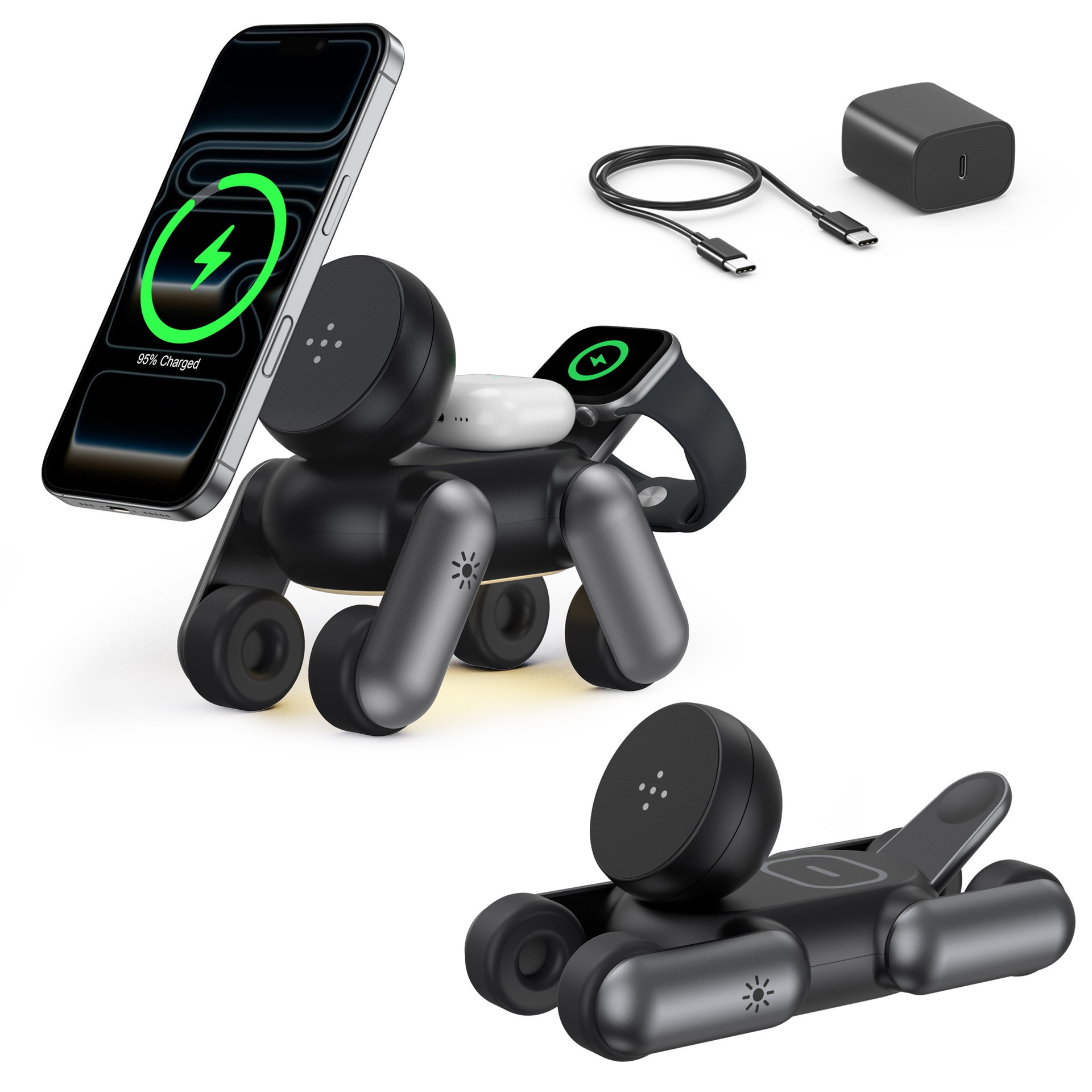 Smartwatch Phone Watches - แท่นชาร์จไร้สายแม่เหล็ก 3-in-1 แบบพกพา ที่วางรูปหุ่นยนต์สุนัข MagSafe สถานีชาร์จเร็วอเนกประสงค์สำหรับโทรศัพท์