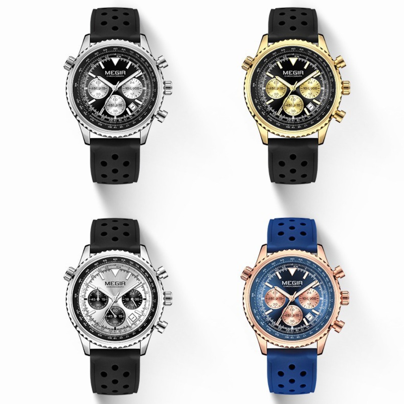 Chronograph Sport Watch - MEGIR สีเงินสีดำควอตซ์นาฬิกาผู้ชายทหารกีฬานาฬิกาข้อมือโครโนกราฟพร้อมสายซิลิโคนส่องสว่างมืออัตโนมัติวันที่ 2236