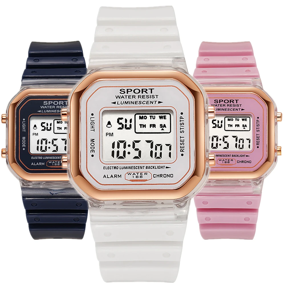 Chronograph Sport Watch - แฟชั่นแบรนด์นักเรียนโปร่งใสนาฬิกาอิเล็กทรอนิกส์ Candy Multicolor LED สุภาพสตรีกีฬากันน้ํา Wirstwatch