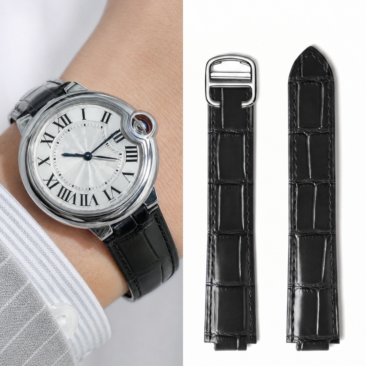 Cartier Watch Ballon Bleu - สายนาฬิกาหนังแบบโค้งสองชั้นพิเศษสำหรับคาร์เทียร์ บอลลอน บลู แทงค์ ซีรีส์สายนาฬิกาข้อมือผู้ชายผู้หญิงสายรัดข้อมือ