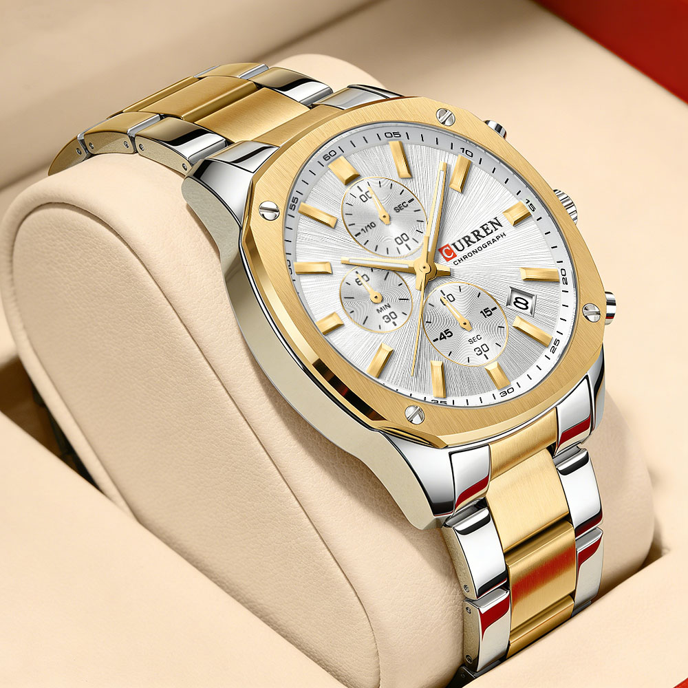 Chronograph Sport Watch - CURREN นาฬิกาสปอร์ตสำหรับผู้ชายสมัยใหม่ขนาด 42 มม. - สายสแตนเลสโครโนกราฟและวันที่,