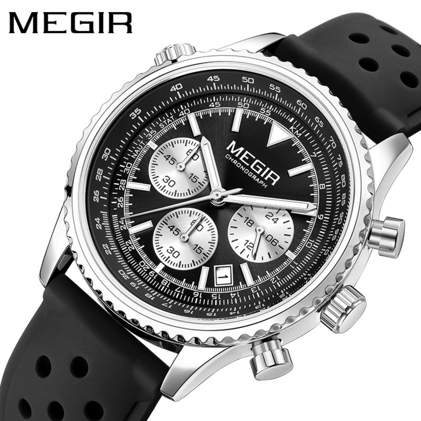 MEGIR สีเงินสีดำควอตซ์นาฬิกาผู - Chronograph Sport Watch บทวิจารณ์และราคา
